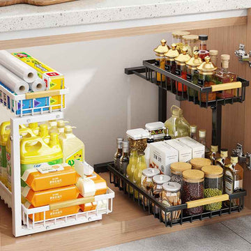 Two-tier pull-out cabinet organizer shown storing seasoning bottles inside a kitchen cabinet.