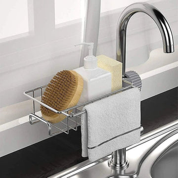 Kitchen sink area organized with a compact faucet rack holder.
