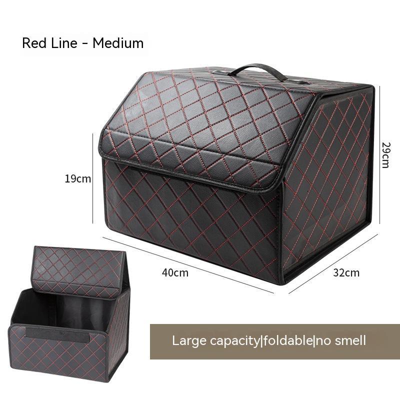 Aiqi multifunctional leather foldable car trunk storage box in black, with compartments and handles for organized vehicle storage.
