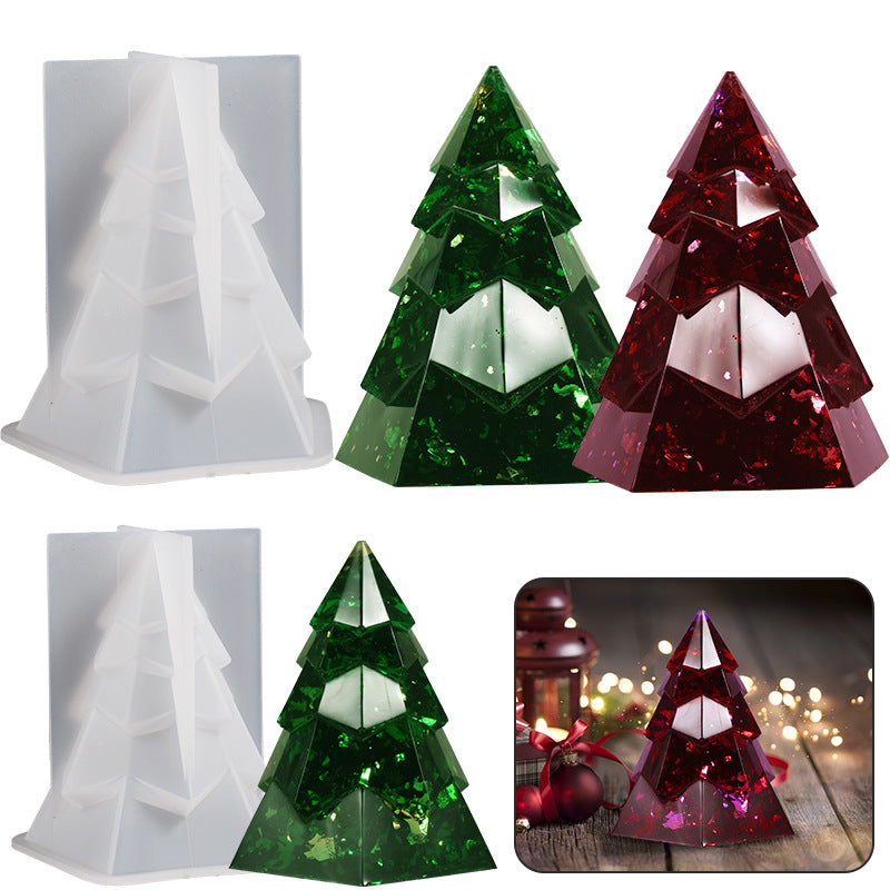 Silicone mold for Christmas tree aromatherapy candle cakes with decorative ornaments, designed for scented candle crafting.