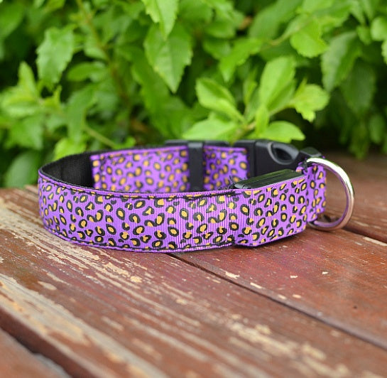 Adjustable LED dog collar by RenFan featuring nylon material and leopard pattern, designed for pet safety and visibility.