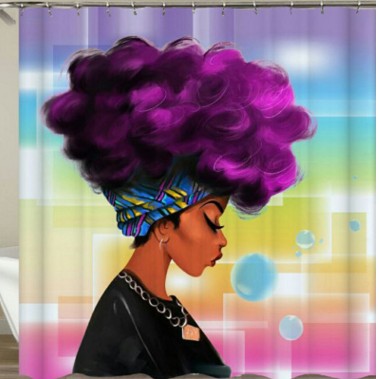 African American 3D retro style print waterproof shower curtain with 12 hooks, featuring a blue-haired Afro girl for bathroom decor.