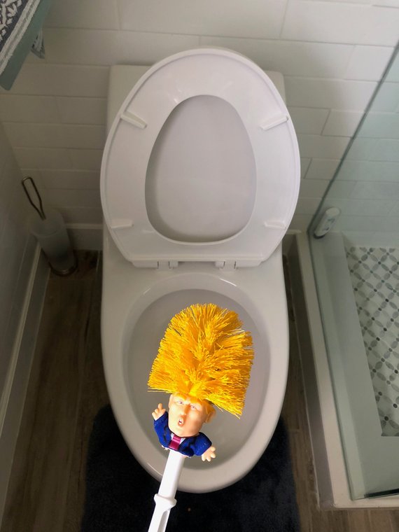 RenFan funny Donald Trump toilet brush set for bathroom cleaning with humorous design and durable plastic handle.