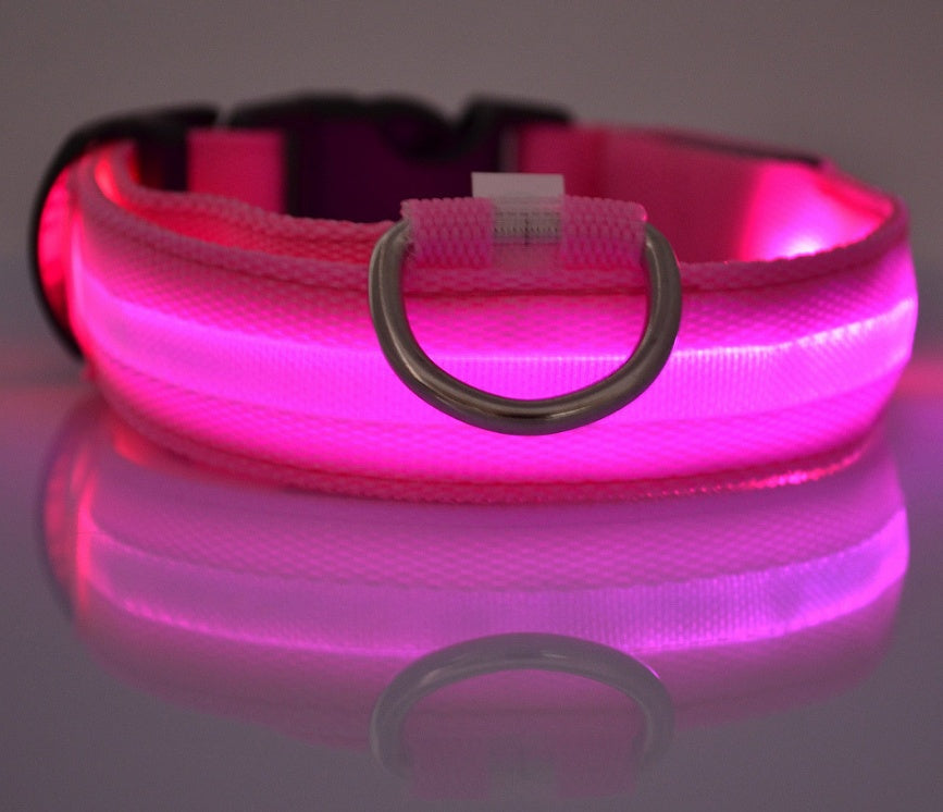 Adjustable nylon LED luminous dog collar with flashing glow for night safety, shown with a matching pet leash.