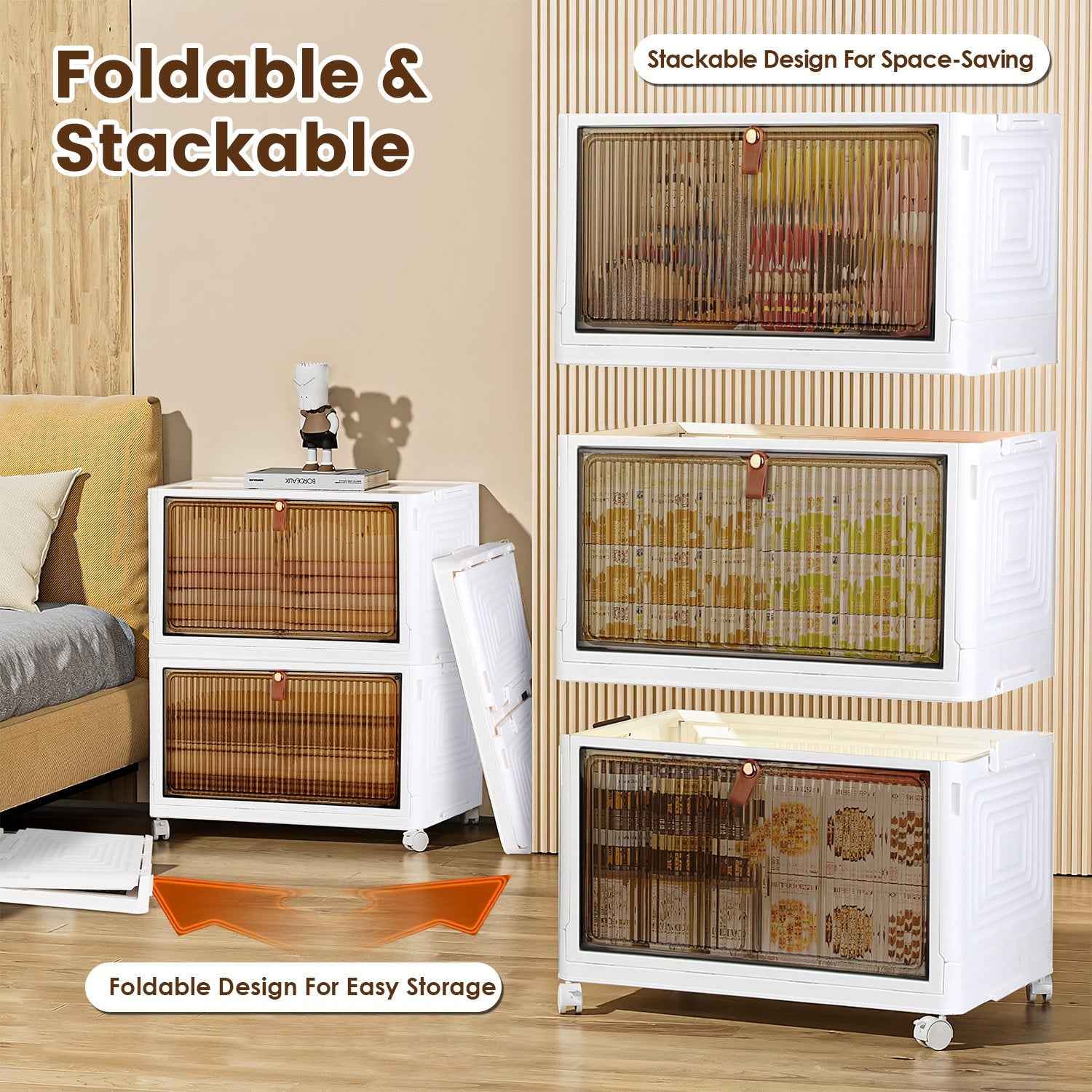 4Pc Foldable Storage Bins With Lid Front Magnetic Door Collapsible Stackable Closet Organizer Containers With 4Pcs 360 Degree Rotatable Wheels