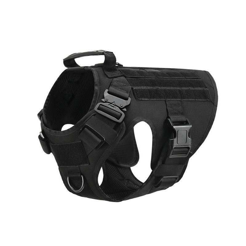 German Shepherd wearing Jingqian military tactical dog harness, adjustable pet harness for secure handling and comfort.