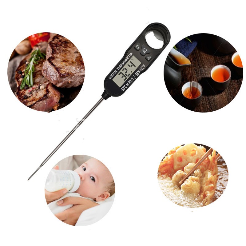 Aiqi instant read meat thermometer showing a digital display with metal probe for accurate cooking temperature measurement.