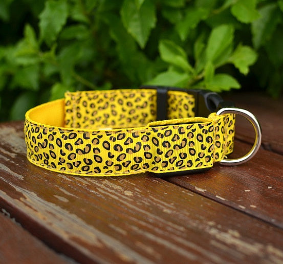 LED dog collar by RenFan, adjustable nylon pet collar with leopard pattern and safety LED light for pets.