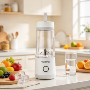AIMI-HOME 350ml portable blender juicer with a clear plastic container and black lid, ideal for making smoothies on the go.