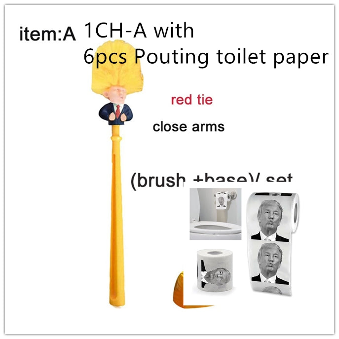 RenFan funny Donald Trump toilet brush in bathroom setting, featuring humorous design and durable cleaning bristles.