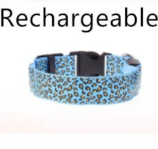 LED dog collar with adjustable nylon strap and leopard print design, providing safety and visibility for pets.