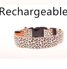 RenFan LED dog collar with adjustable nylon leopard print for safety and visibility during walks.