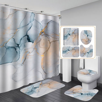 RenFan modern 3D shower curtain set with anti-slip bath mat and water-absorbing rugs for bathroom decor and safety.