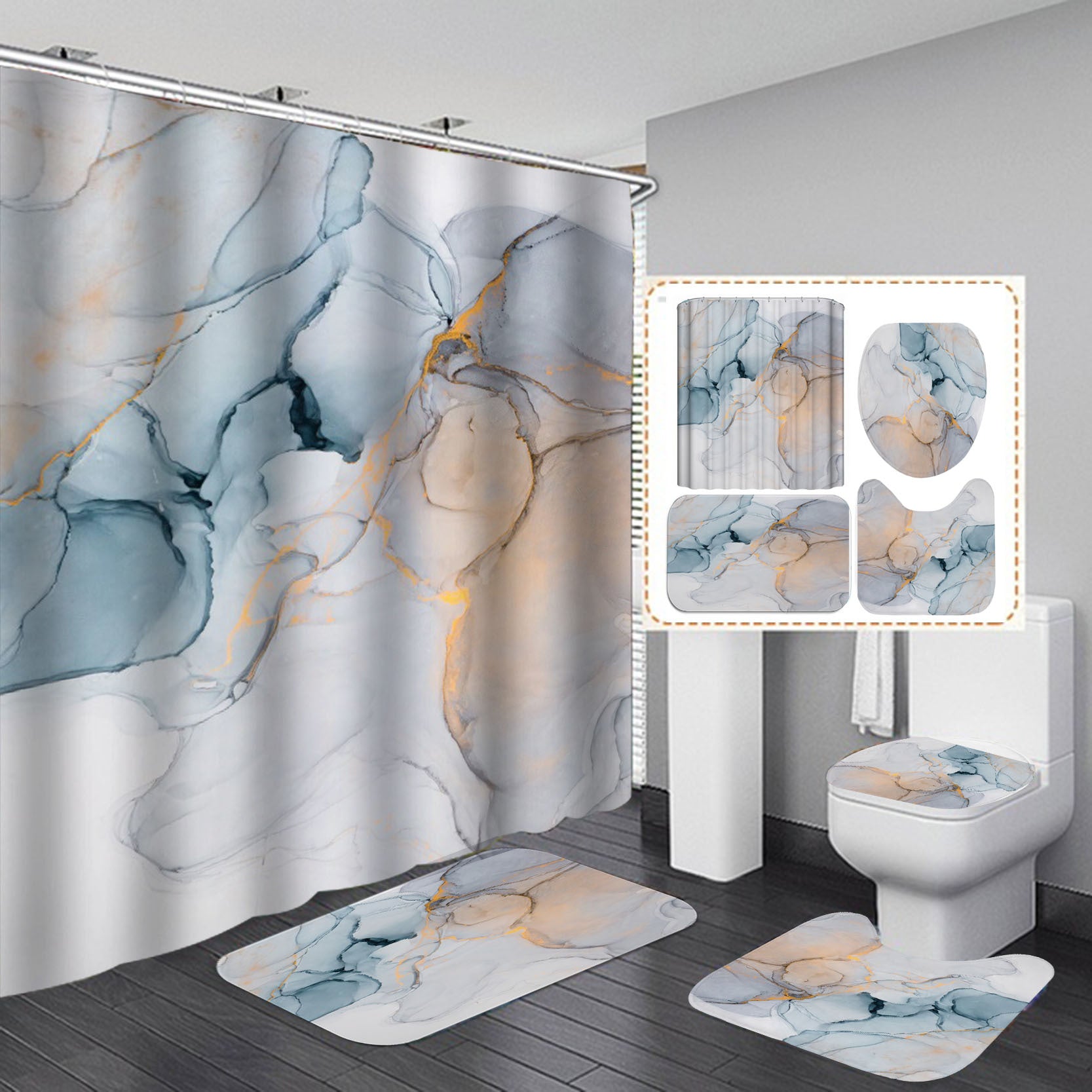 Modern shower curtain set with 3D design, matching anti-slip bath mat and water-absorbent rugs for bathroom decor by RenFan
