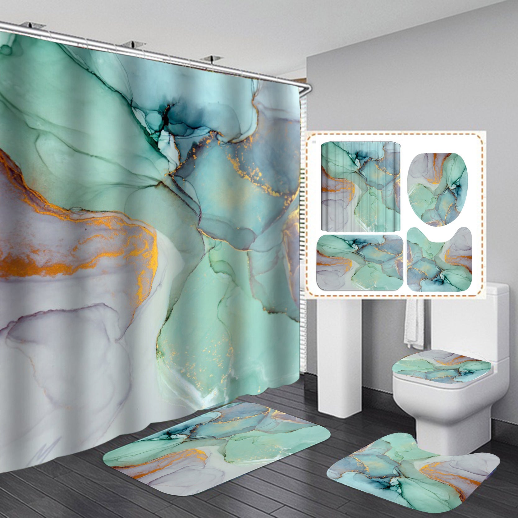 Modern shower curtain set with 3D design, anti-slip bath mat, soft water-absorbing rug, bathroom decor by RenFan.