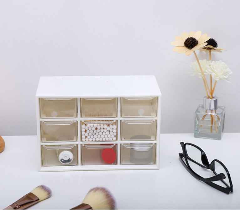 Compact desktop storage box for office and vanity organization.