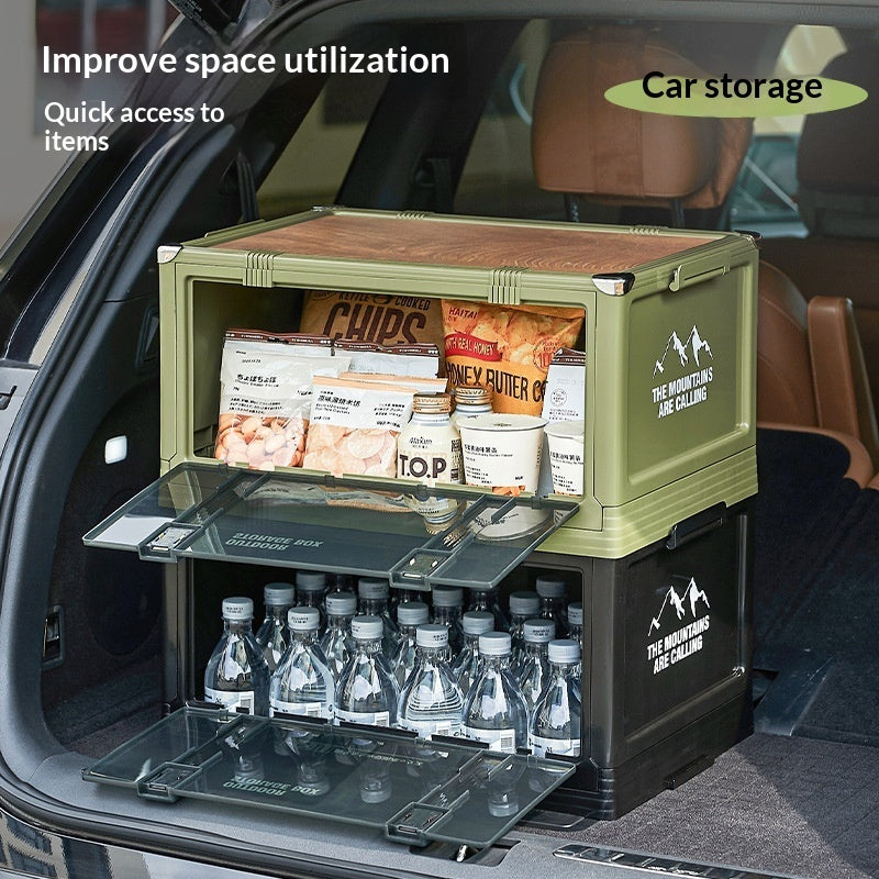 Aiqi outdoor camping trunk storage box in a car trunk, made of durable 家用收纳箱 material for outdoor and vehicle organization.