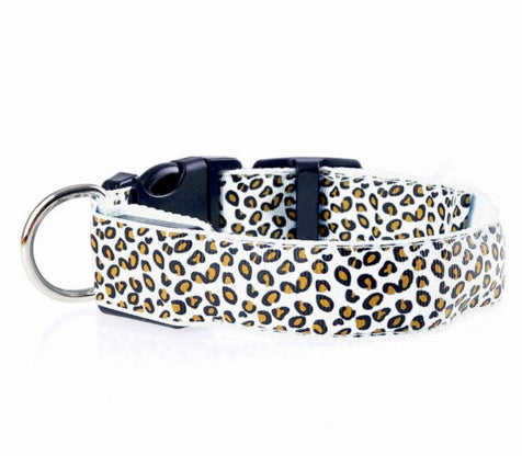 LED dog collar by RenFan with adjustable nylon strap and leopard pattern, designed for pet safety and visibility.