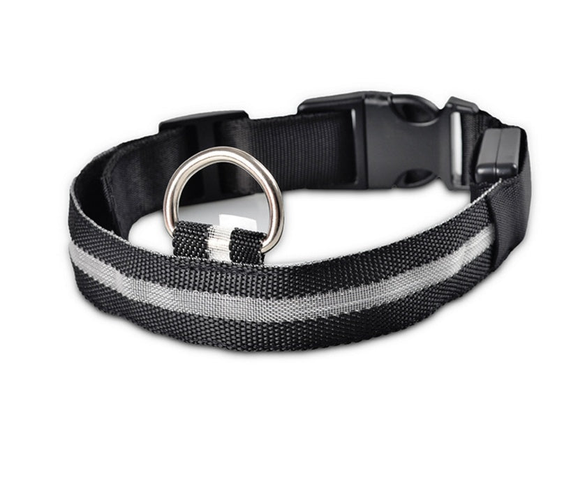 Adjustable nylon LED pet collar with glowing safety light, suitable for dogs and cats, from Jingqian pet supplies.