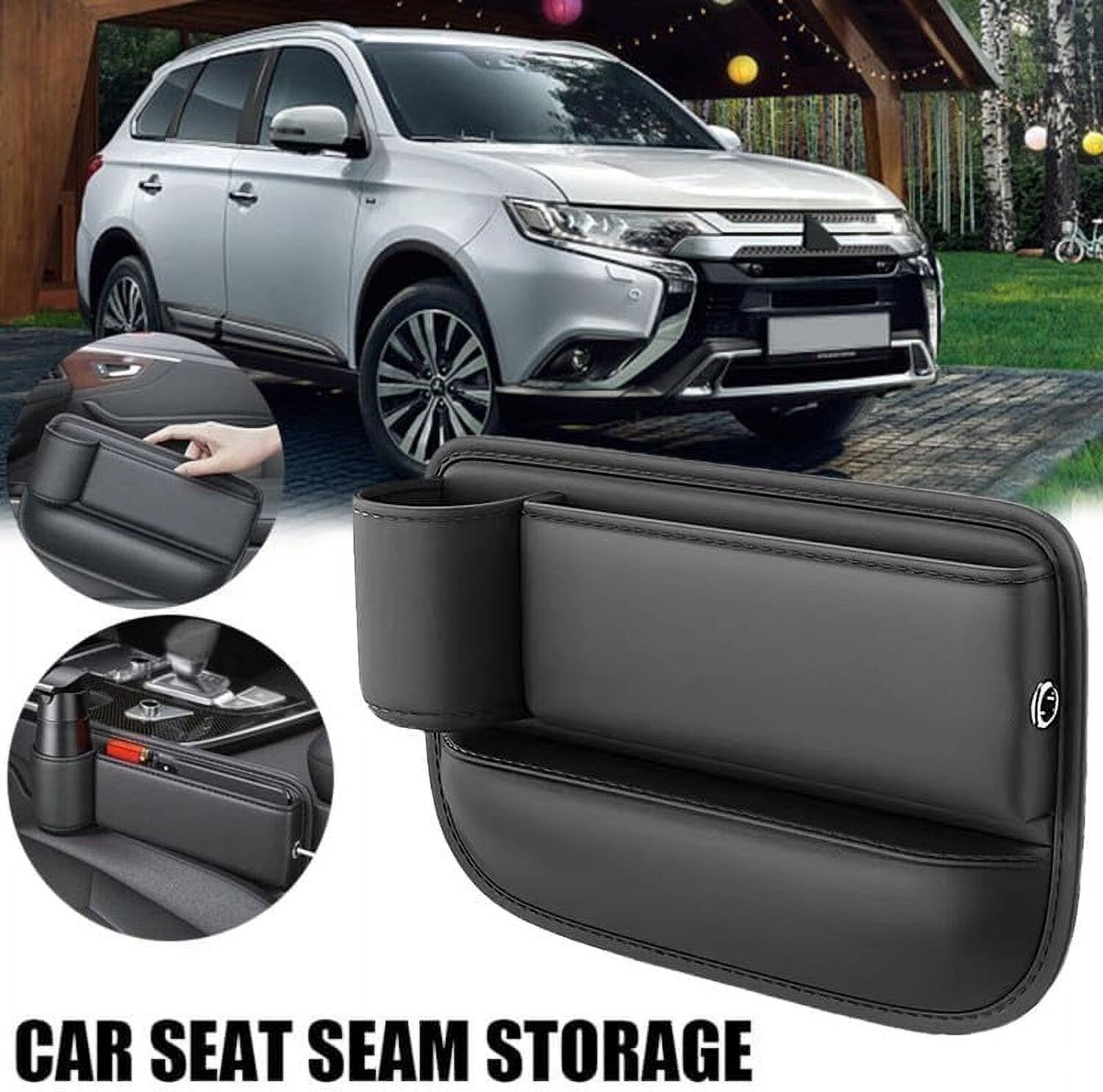 Car seat storage box with cup holder and adjustable compartment, designed for car interior organization and convenient access.