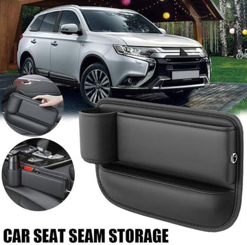 Car seat storage box with cup holder and adjustable compartment, designed for car interior organization and convenient access.