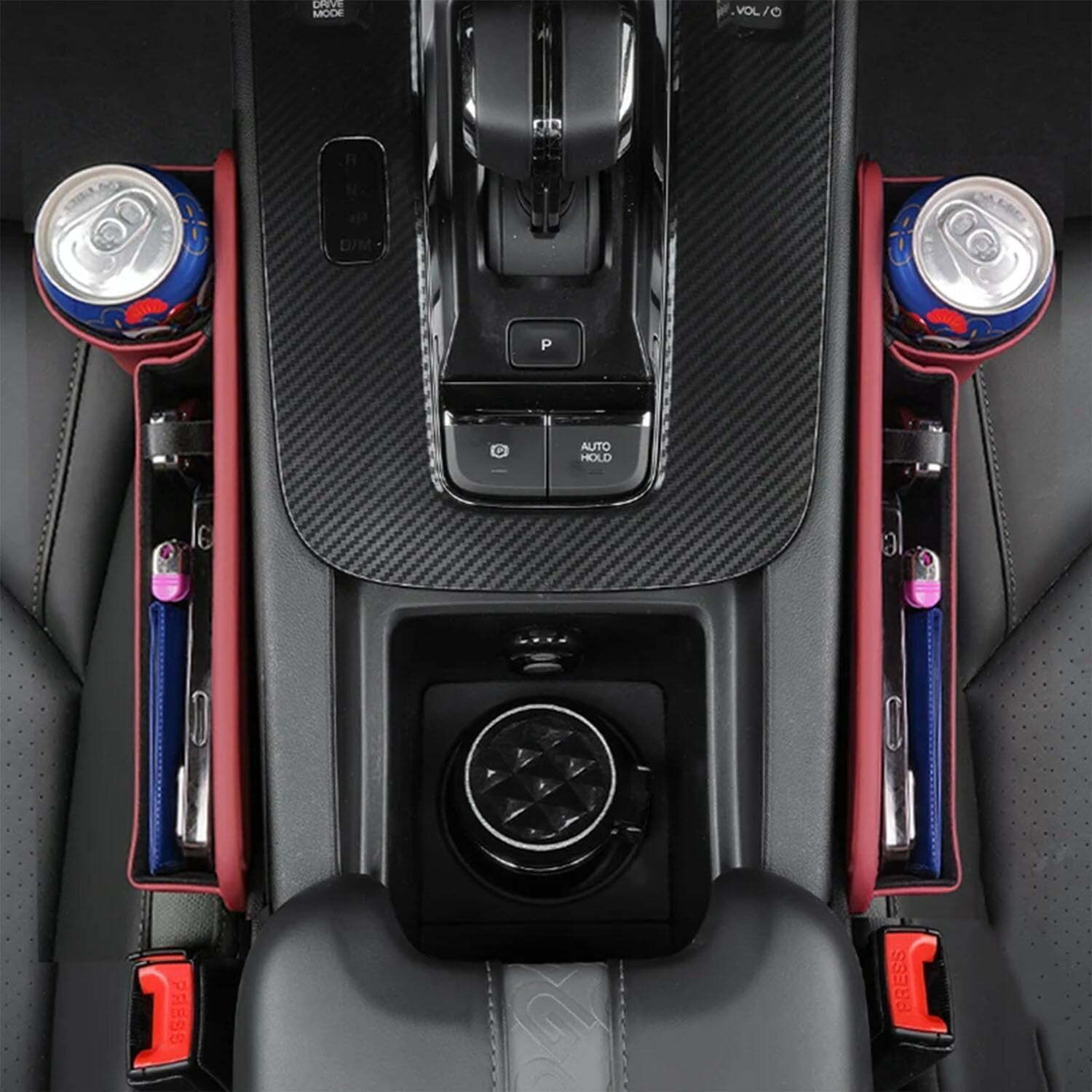 Car seat storage box with cup holder and adjustable design, ideal for organizing car interior and keeping essentials within reach.