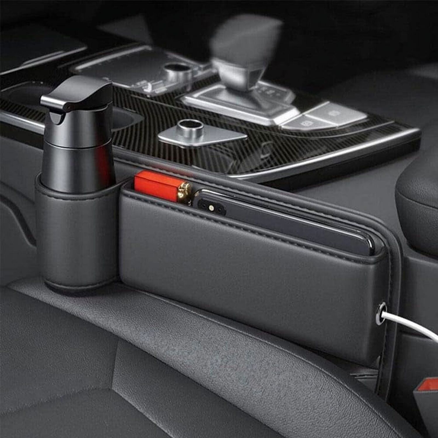 Car seat storage box with cup holder from Popmarket, adjustable gap organizer for car interior storage and convenience.