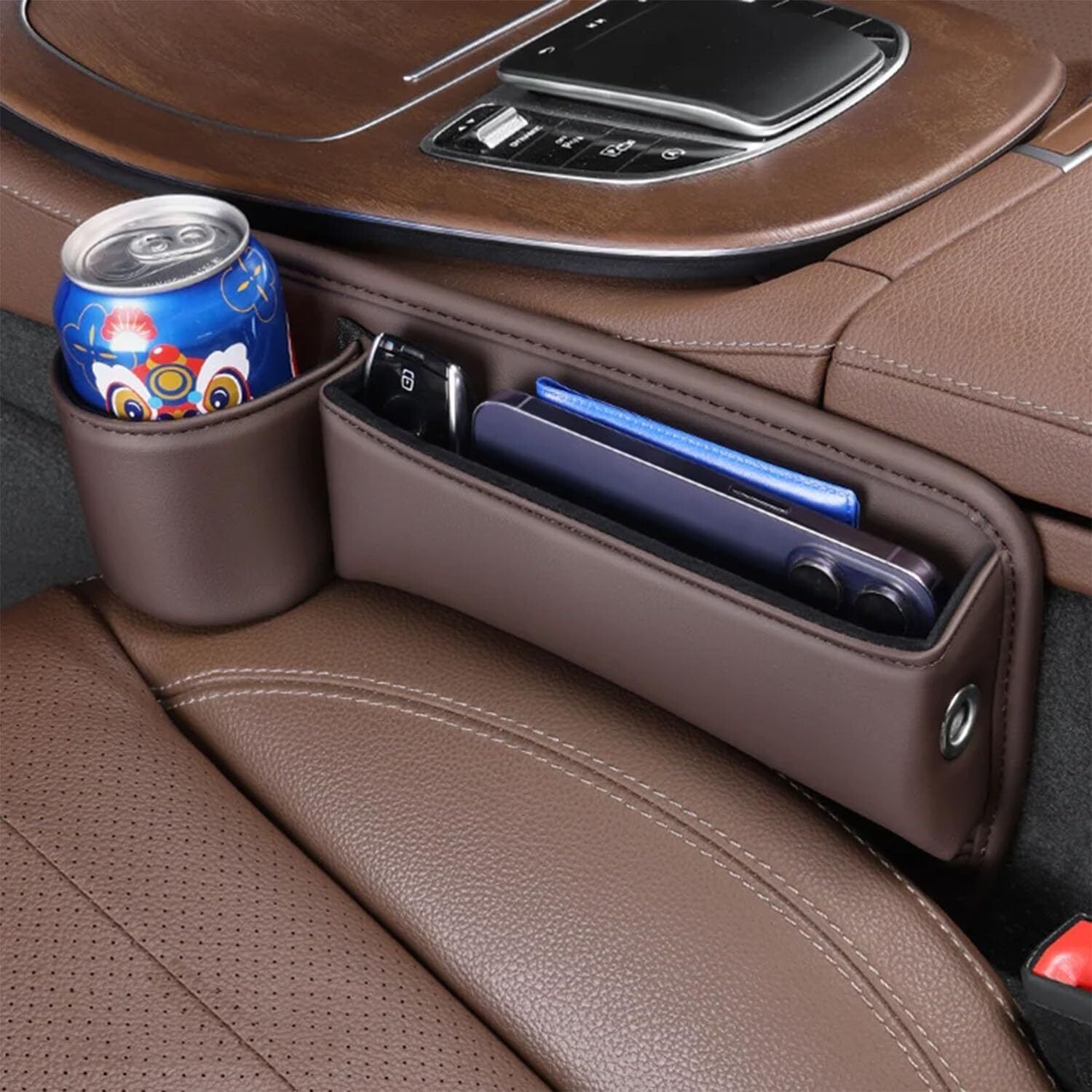 Car seat storage box with cup holder from Popmarket, adjustable seat gap organizer for convenient car interior storage.