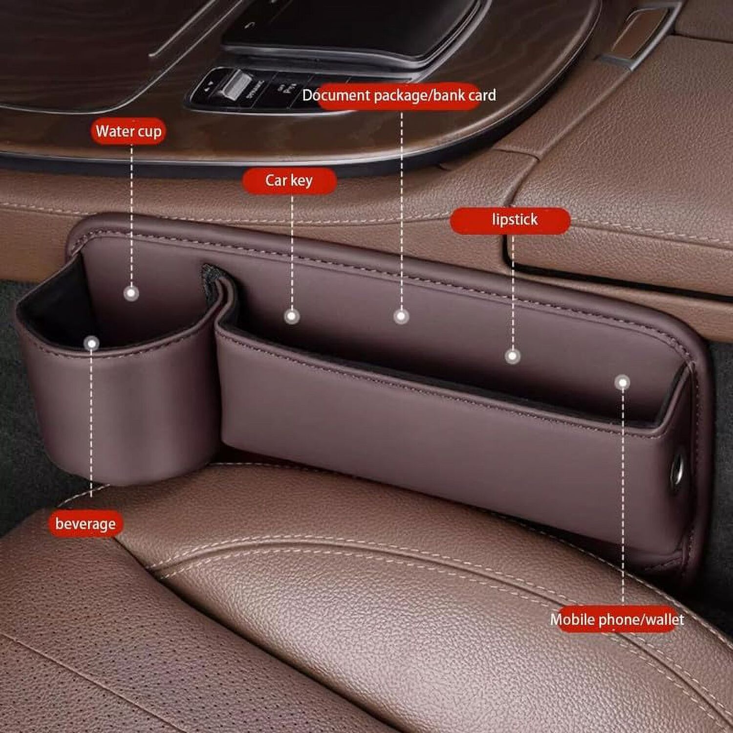 Popmarket car seat storage box with cup holder and adjustable seat gap organizer for convenient vehicle storage.