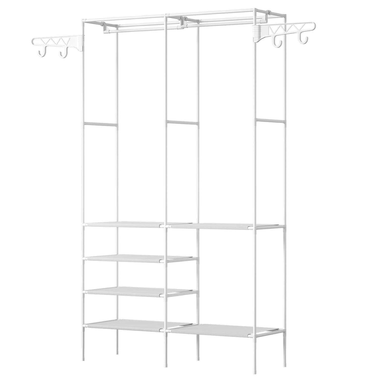 Metal garment rack with shelves and clothing organizer, freestanding wardrobe for shoes and clothes, made by SZKZD.