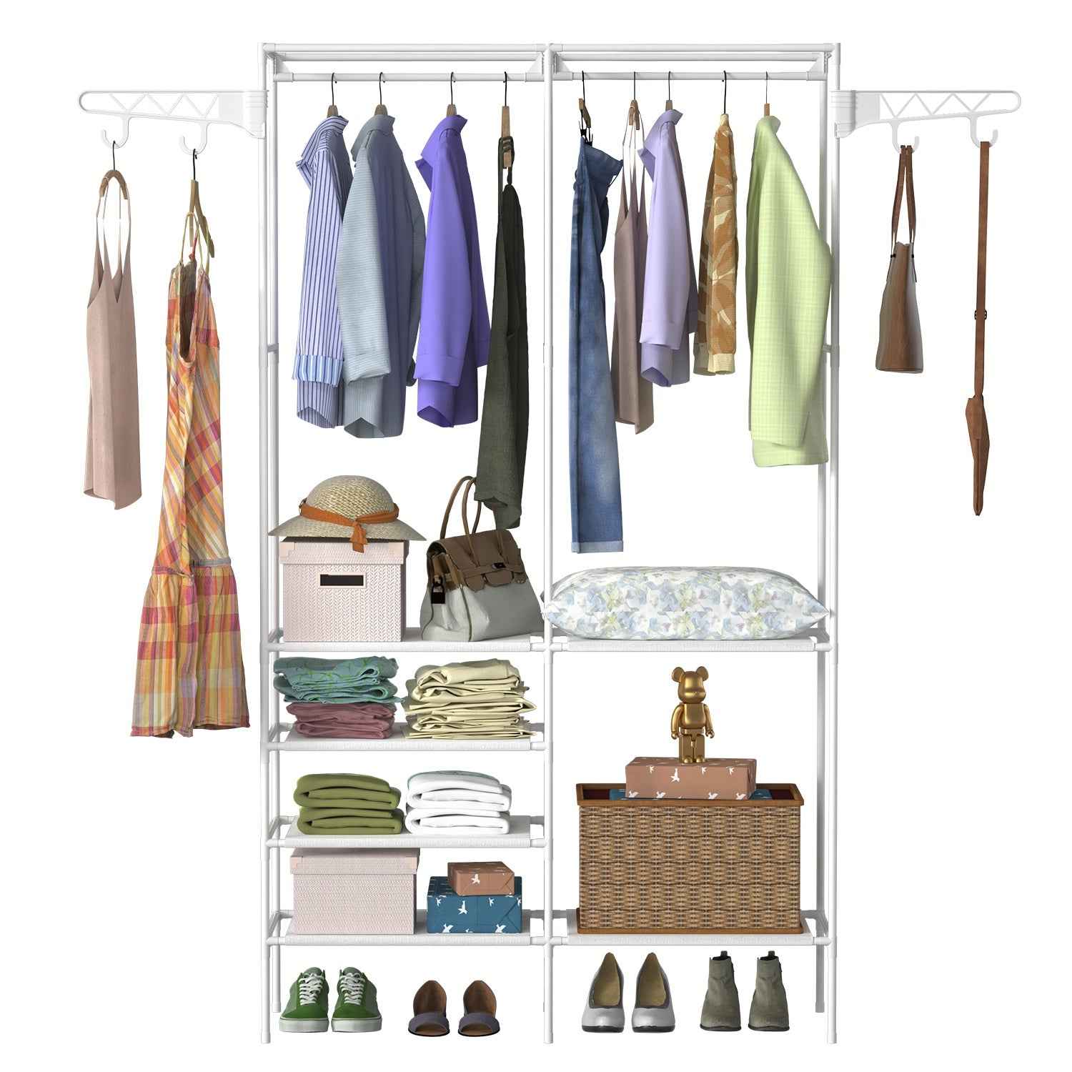 1Pc Metal Garment Rack Shoe Clothing Organizer Shelves Freestanding Multifunctional Clothes Wardrobe
