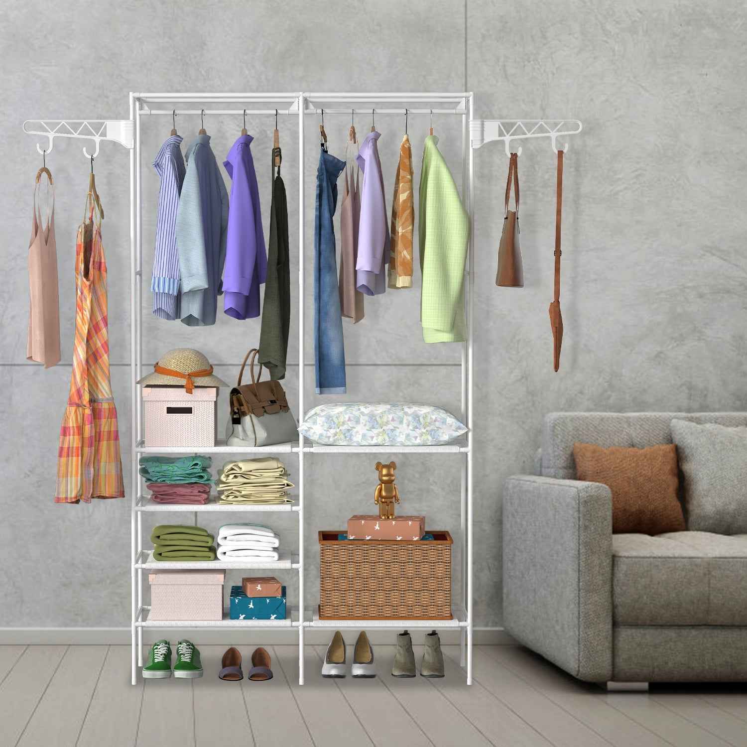 1Pc Metal Garment Rack Shoe Clothing Organizer Shelves Freestanding Multifunctional Clothes Wardrobe