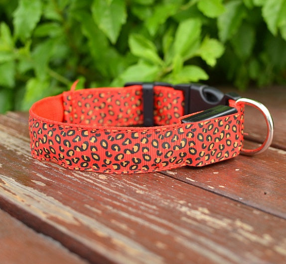 Adjustable nylon LED dog collar with leopard pattern from RenFan, designed for safety and visibility during walks.