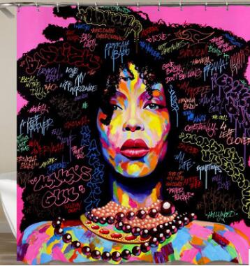 African American girl 3D retro style waterproof polyester shower curtain with blue hair and afro, includes 12 hooks for bathroom decor.