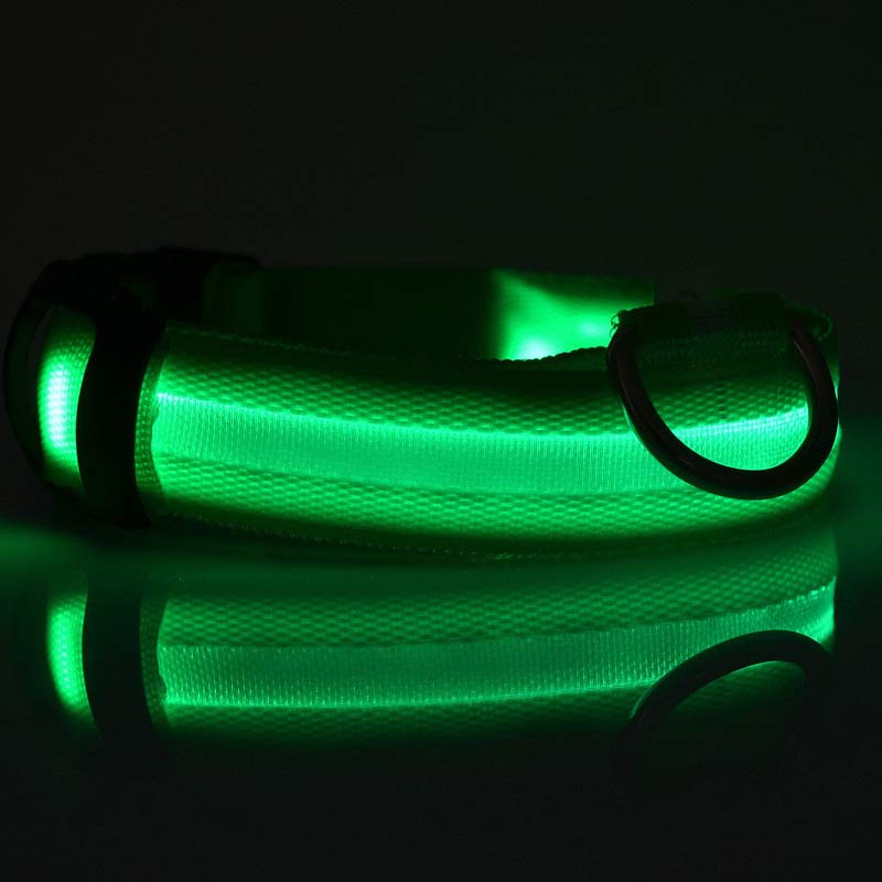 Jingqian nylon LED luminous dog collar with flashing glow, adjustable pet leash for night safety, suitable for dogs and cats.