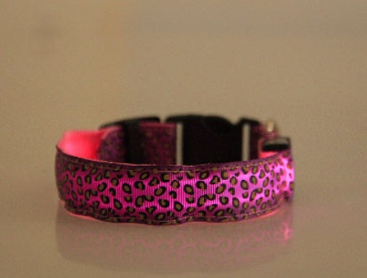 LED dog collar by RenFan, adjustable nylon pet collar with leopard print and safety LED light for nighttime visibility.