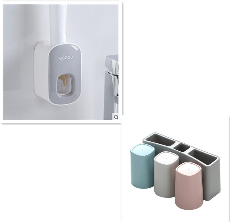 RenFan wall-mounted automatic toothpaste holder and bathroom accessories set with dispenser, designed for convenient bathroom organization.