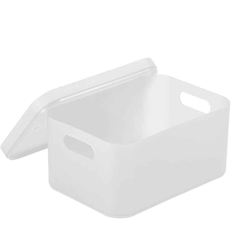 Desktop cosmetic storage box for makeup and skincare items.