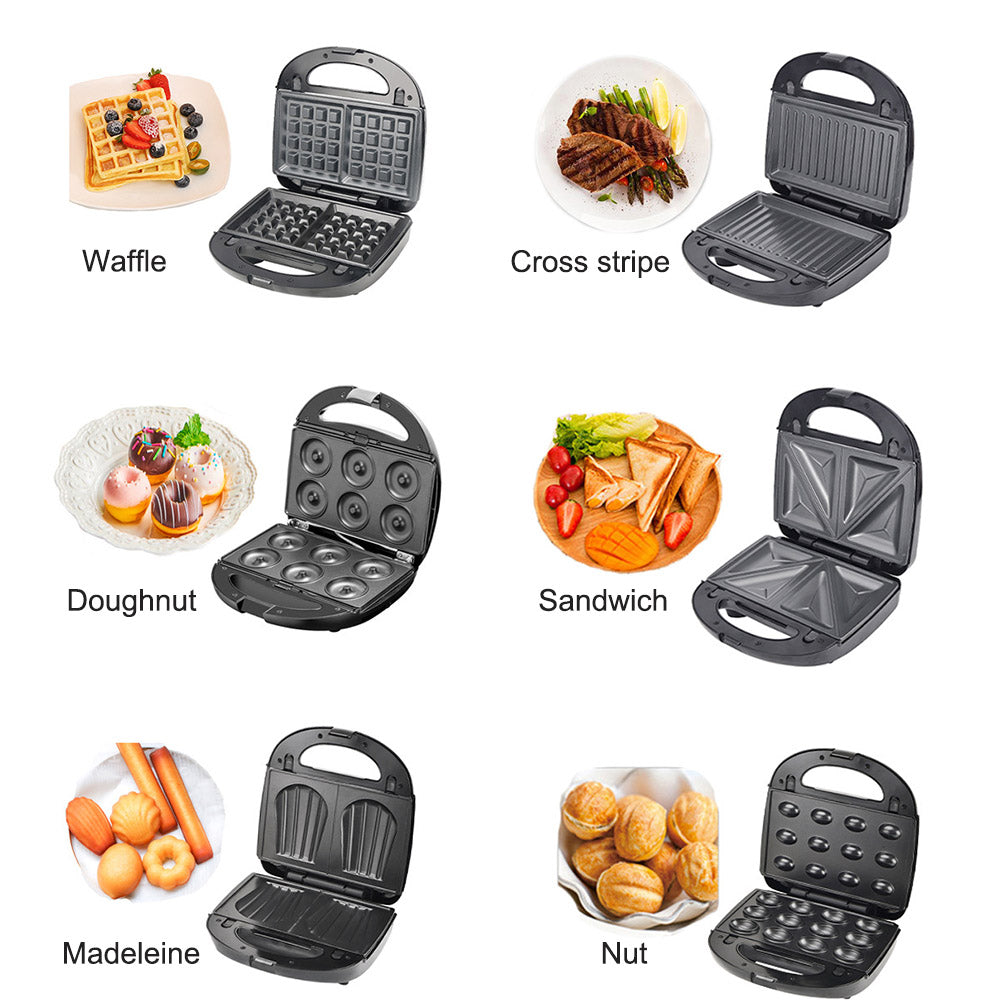 6-in-1 Waffle Maker EU Plug Sandwich Maker Grill Breakfast Maker Doughnut Cake Maker Compact Kitchen Dining Kitchen Accessories - AIMI-HOME