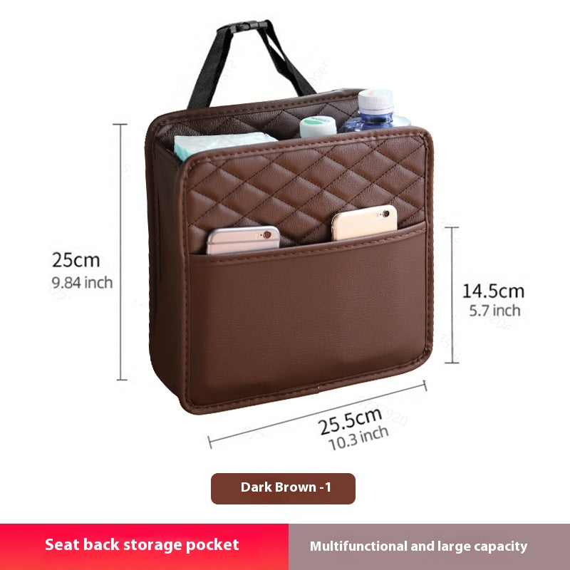 Aiqi car seat back storage bag hanging on vehicle seat, multifunctional storage box for organizing trash and accessories.