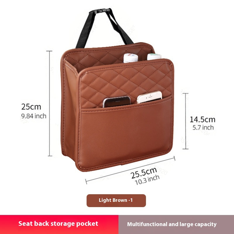 Aiqi car seat back storage bag hanging on vehicle seat, multifunctional storage box for organizing car essentials and trash.