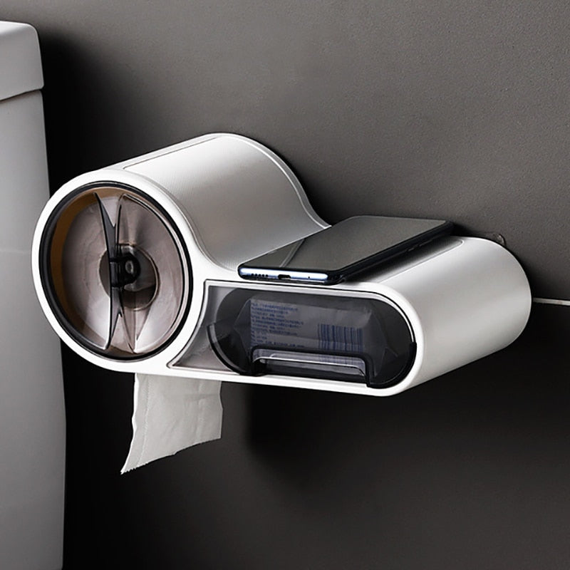 RenFan bathroom toilet roll holder mounted on bathroom wall, sleek and functional bathroom accessory for convenient tissue storage.