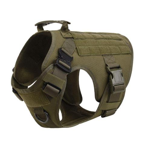 German Shepherd wearing Jingqian military tactical dog harness, adjustable pet dog back harness for training and outdoor activities.