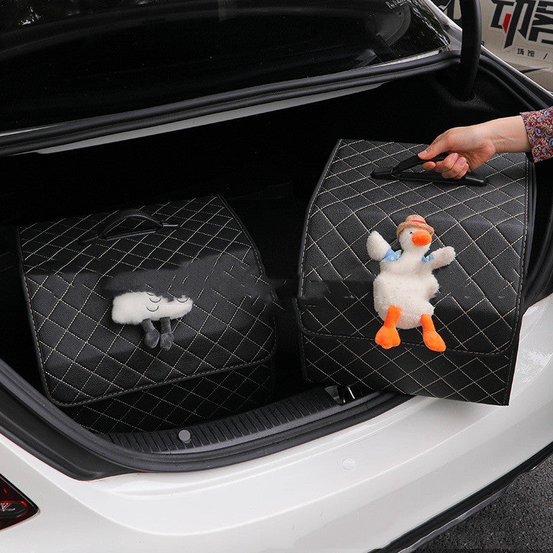 RenFan car trunk storage box organizer showing a foldable, multi-compartment design for vehicle trunk organization.