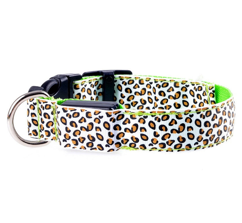 Adjustable LED nylon dog collar with leopard pattern, safety features, and bright illumination for pets.