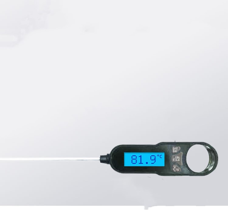 Aiqi instant-read meat thermometer showing a digital display with temperature readings, used for precise cooking in kitchen.