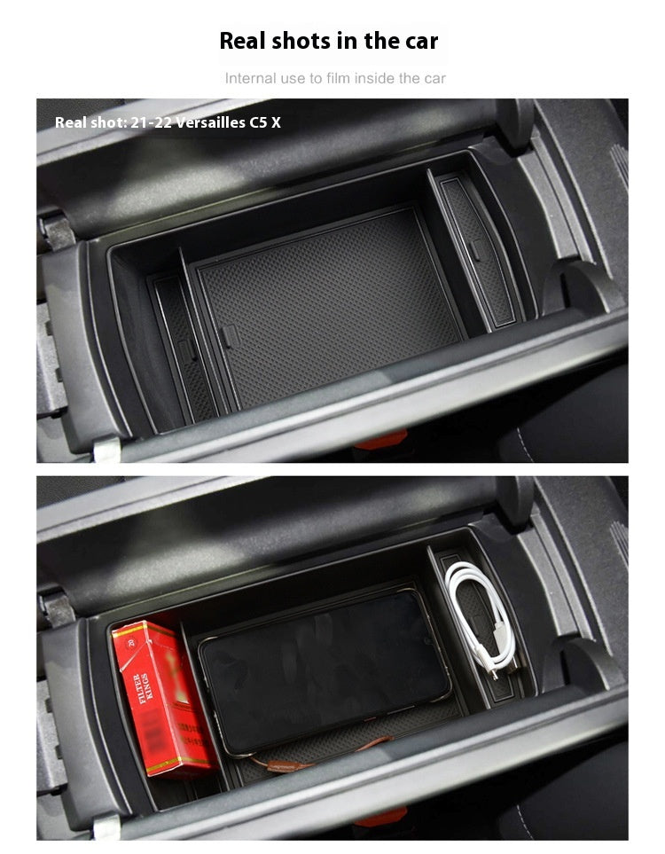 Aiqi automobile armrest box storage cover in car interior, showing the sleek black plastic and interior compartment for organization.
