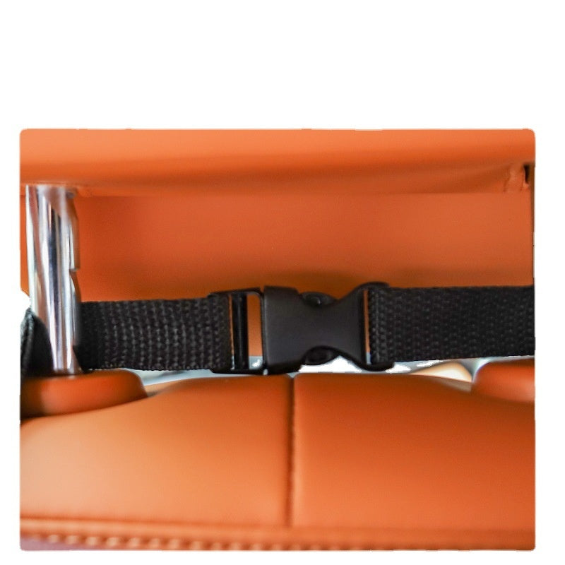 Aiqi car seat back storage bag hanging on a vehicle seat, multifunctional organizer with compartments and a garbage bag attachment.