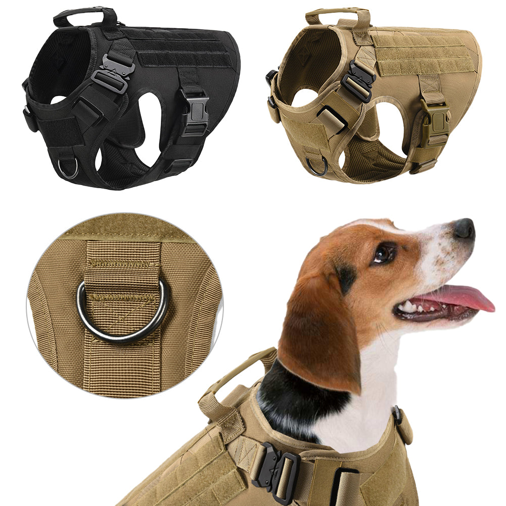 Adjustable military tactical dog harness for German Shepherd, featuring sturdy straps and secure fit for active pets.