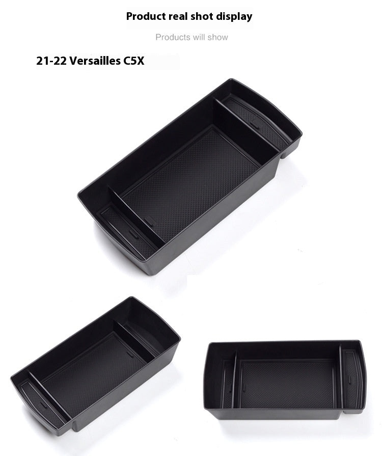 Aiqi automobile armrest box cover and storage box for car interior, showing a sleek black car interior with organized storage space.